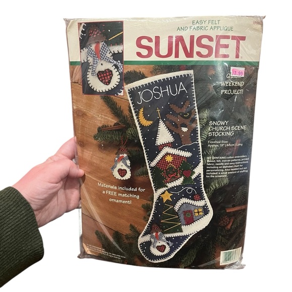 Sunset Other - VTG Sunset Felt Fabric Snowy Church Scene Christmas Patchwork Stocking 18076 NIP